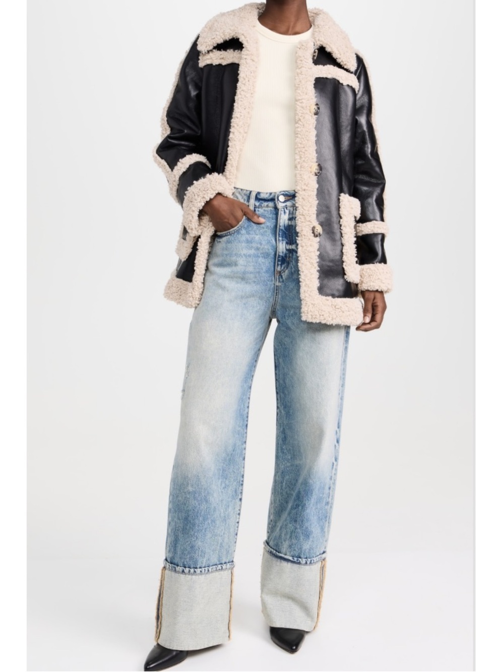 7 For All Mankind Faux Shearling Black Cream Faux Leather Longline Jacket NEW - Picture 2 of 11
